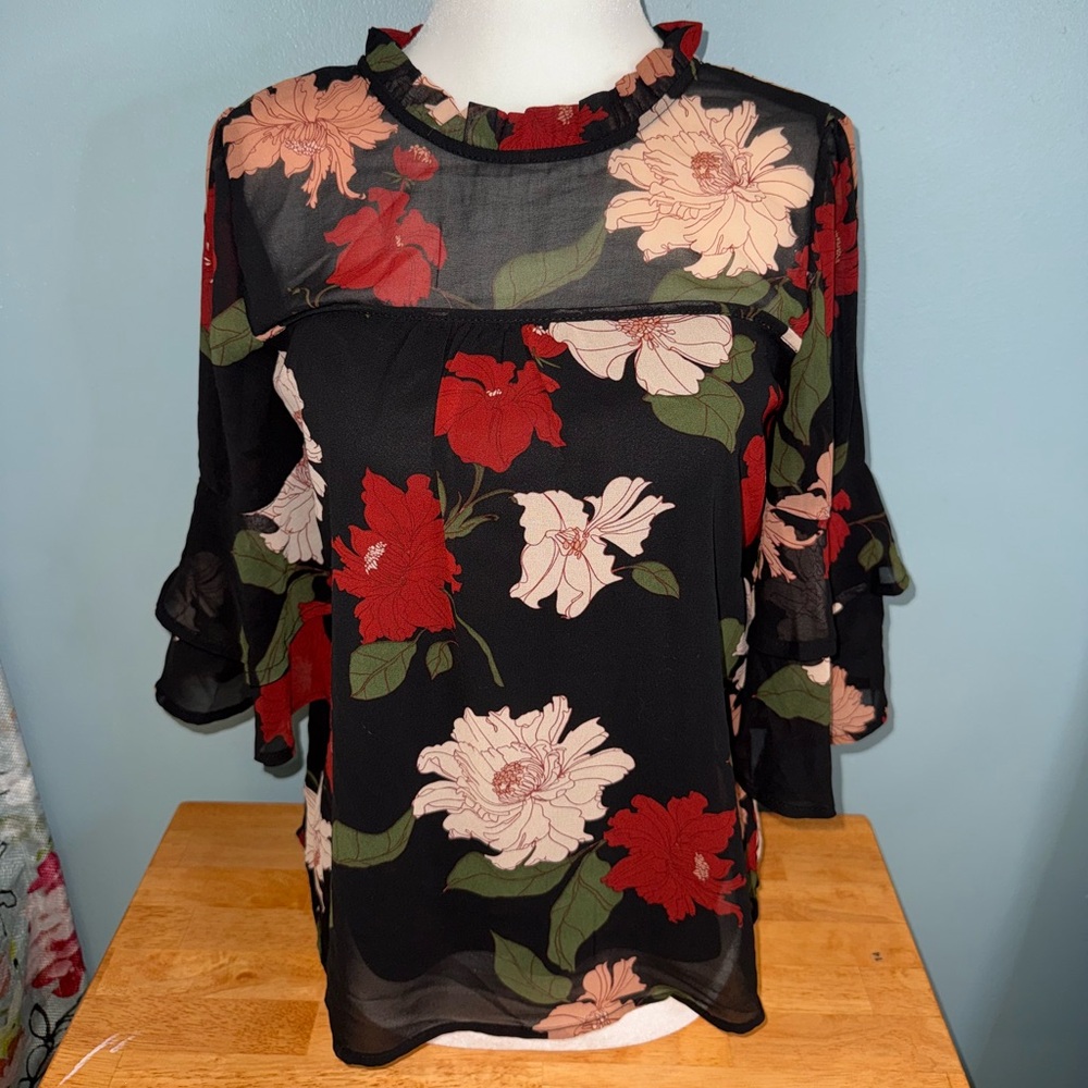 Monteau Black Floral Sheer Blouse
